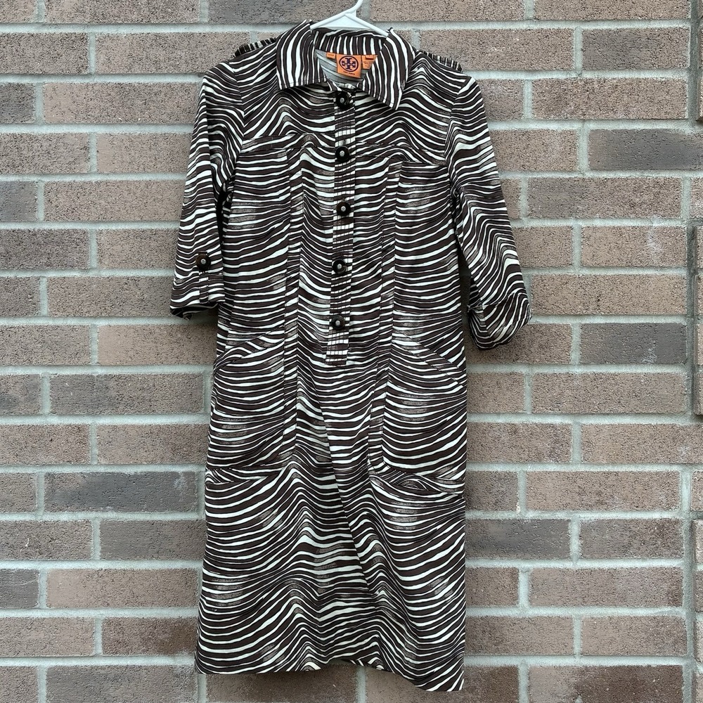 Tory Burch Zebra Print Shirt Dress Womens Size 2 Brown White Button Front Mob
